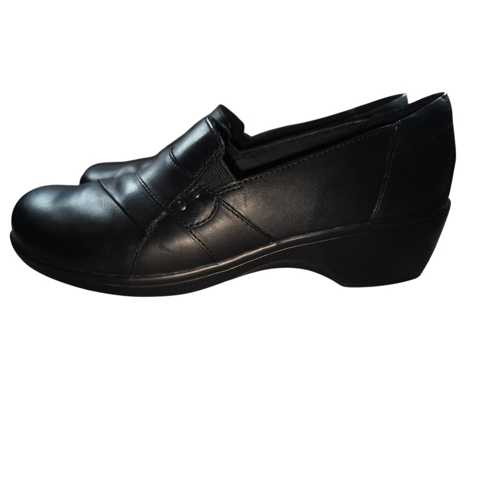 Clarks Collection Size 9 Black Leather Slip On Wedge Loafers Womens